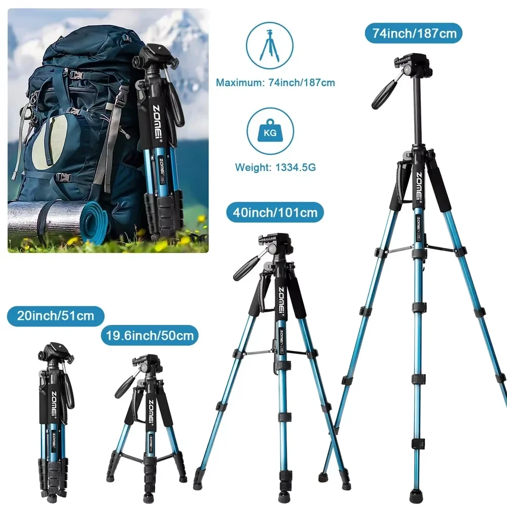 74\'\'/187cm Zomei 360° Panorama Professional Camera Aluminum Alloy Tripod Stand for Mobile Phone Digital Camera Canon Nikon Video
