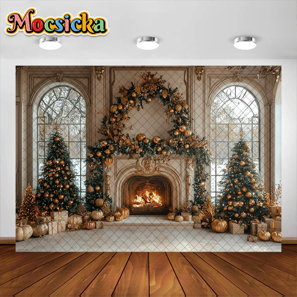 Зимний Рождественский фон для фотосъемки Рождественская елка Камин Украшение окна Праздничная вечеринка Портрет Фотостудия Реквизит Баннер