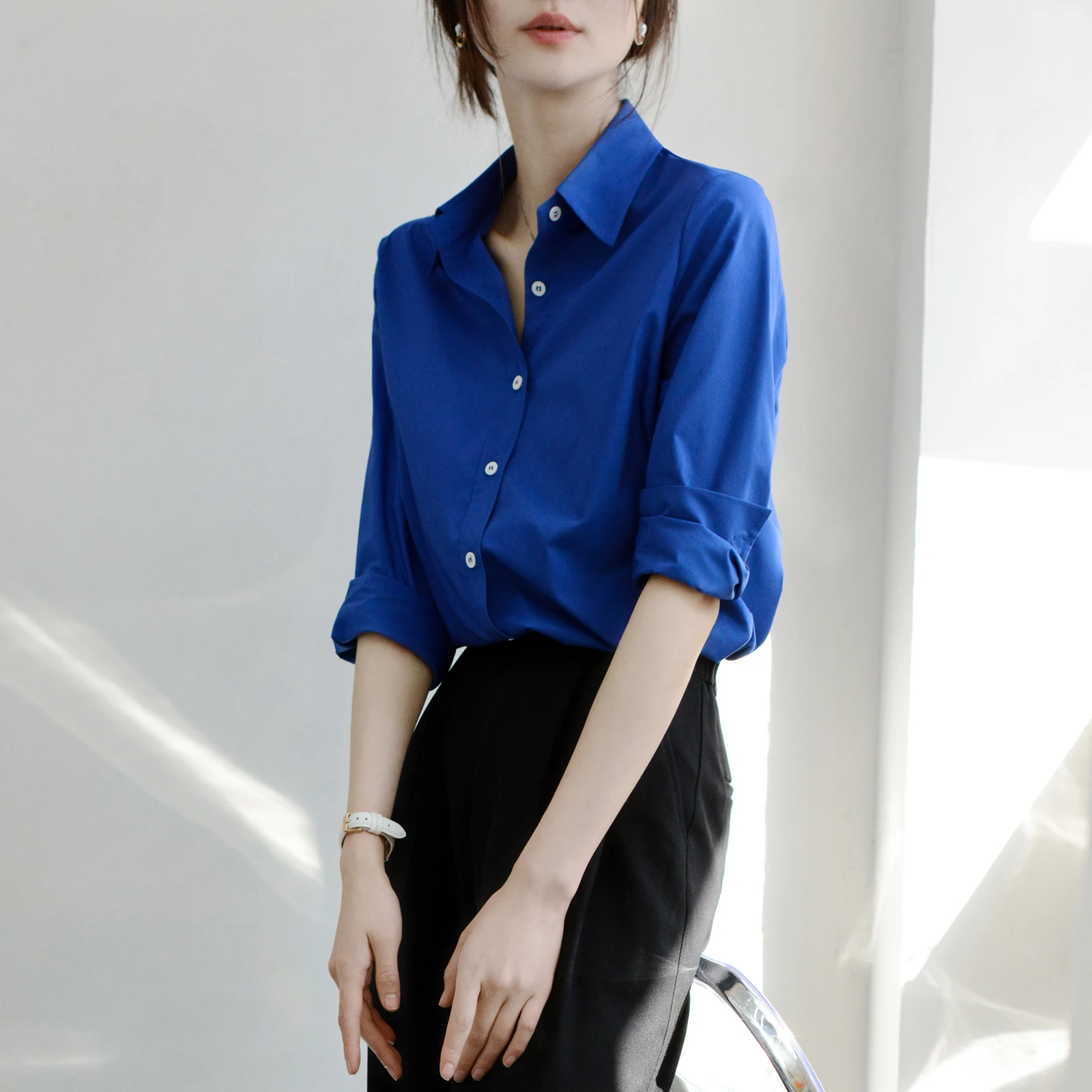 

Loose Long Sve irt Chic Gem Blue Busin Casual Women's Faion Straight Cut Bamboo Fiber Polyester Anti-Static Wearable