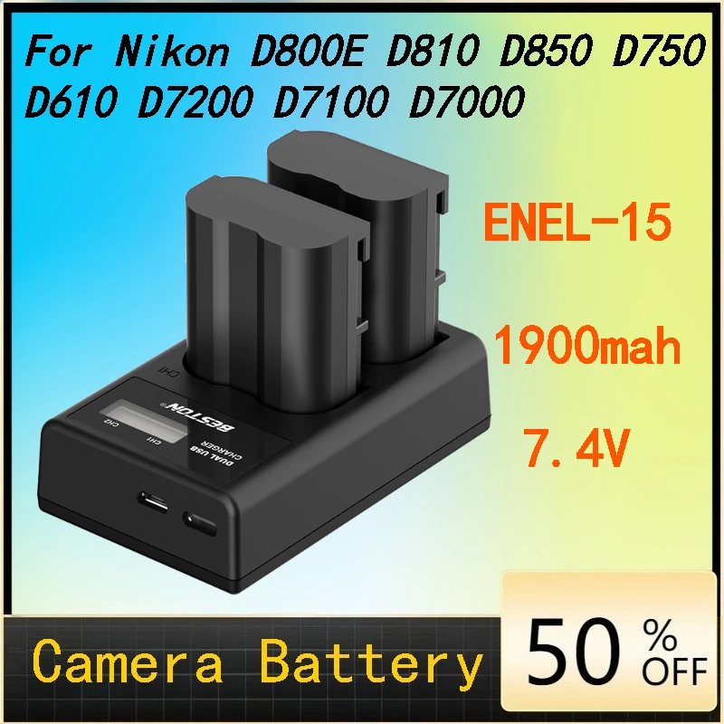

1900mAh EN-EL15 Battery Compatible with Nikon D800E D810 D850 D750 D610 D7200 D7100 D7000 Cameras