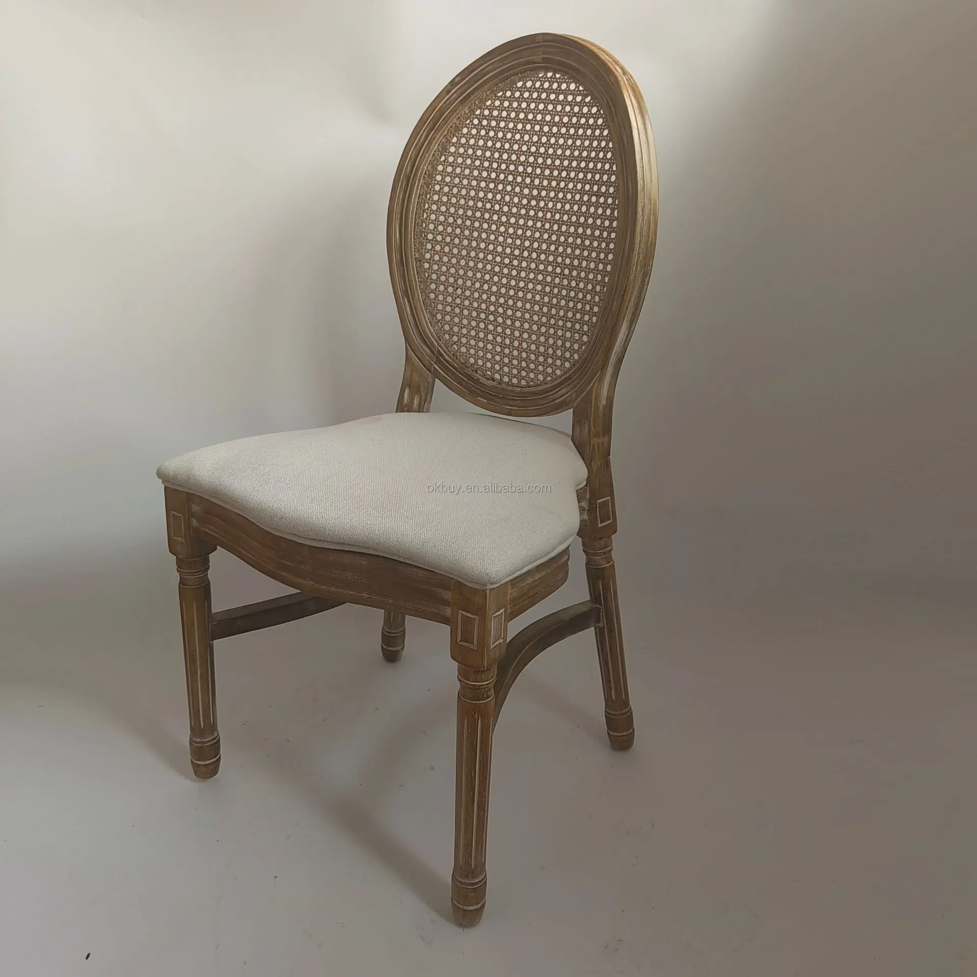 French Vintage Stackable Curved Louis Banquet Garden Restaurant Wedding Solid Wooden Fabric High Round Rattan Back Chair