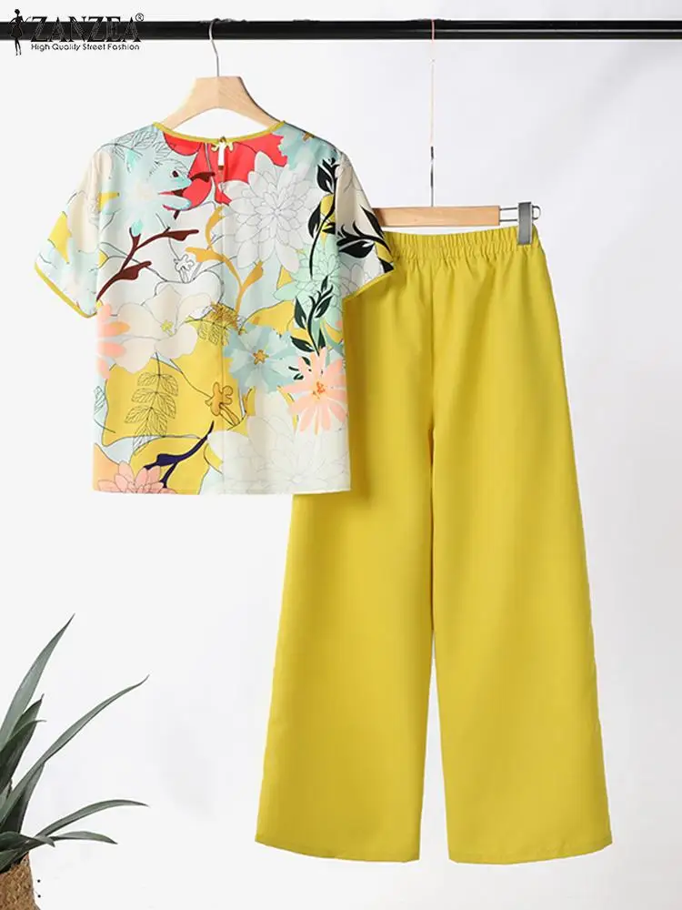 ZANZEA Women Summer 2pcs Outfits Holiday Casual Wide Leg Trouser Elegant 2-Piece Sets Floral Print Short Sleeve Blouse Pant Sets