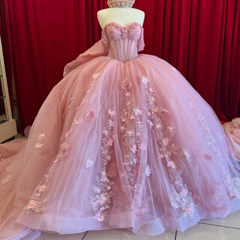 

Pink Quinceanera Dresses Off The Shoulder Applique Flower Beads Bow Tull Ball Gown Vestidos De 15 Anos Sweet 16 Dress