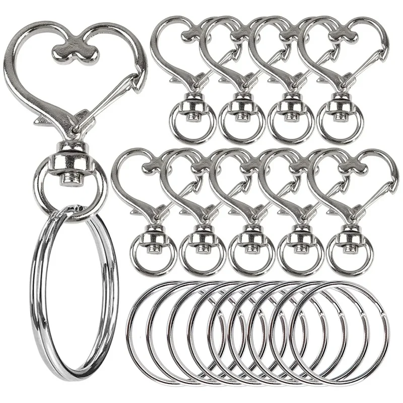 Heart Shaped Swivel Snap Hooks with Key Ring, 10 Set