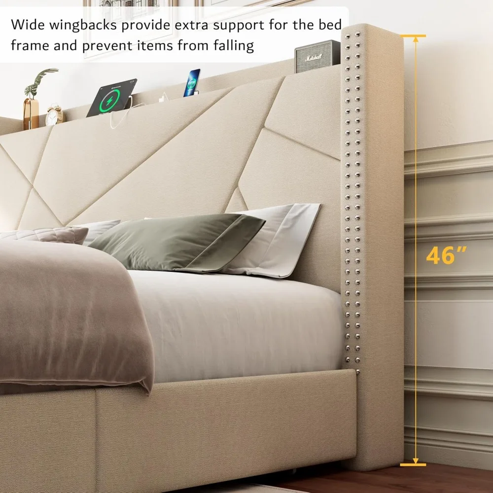 Queen Opbergbedframe Met 4 Laden, Gestoffeerd Bedframe Met Minimalistisch Vleugelhoofdeinde En Laadstation, Bedframes