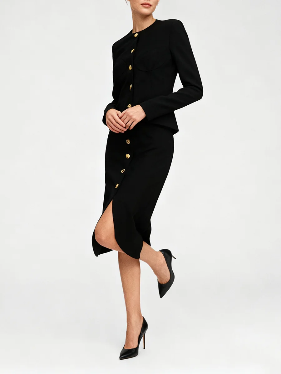 TWOTWINSTYLE, conjuntos de dos piezas adelgazantes de un solo pecho para mujer, Top de manga larga con cuello redondo, conjunto de falda de cintura alta para mujer, nuevo