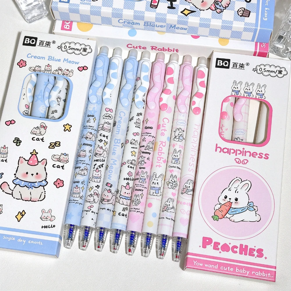 4Pcs/Set Kawaii Rabbit Cat Erasable Pens 0.5mm ST Tip Quick-Dry Retractable Gel Pen Cute Stationery School Office Suuplies