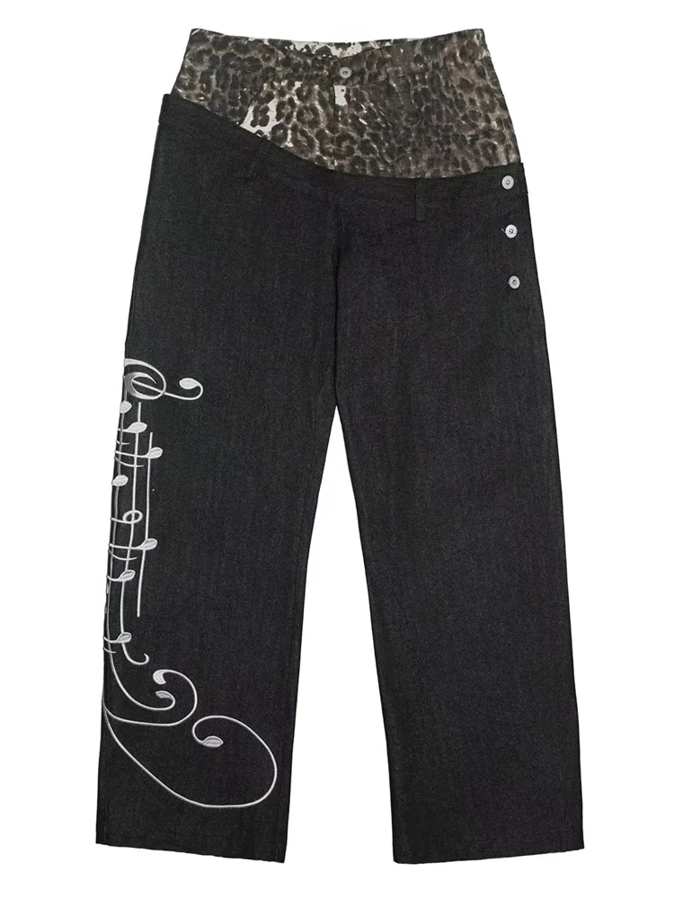 Women's Leopard Print Patchwork Design Jeans Street Unisex Sweatpants Casual Pants Wide Leg Bottoms Female High Waist Trousers