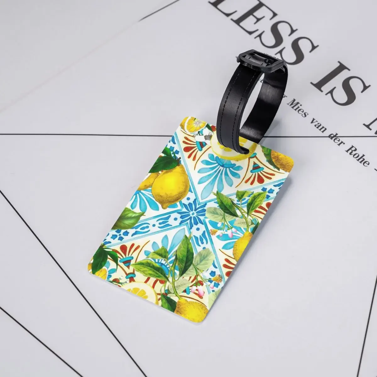 Custom Summer Fruit Lemons Mediterranean Tiles Luggage Tag With Name Card Privacy Cover ID Label for Travel Bag Suitcase