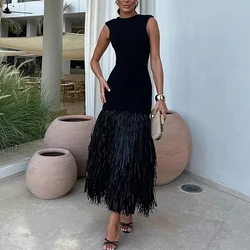 Women Fashion O-neck Sleeveless Slim Long Dress Sexy Backless Hollow Out Party Dress Elegant Tassel Patchwork Knitted Vest Dress