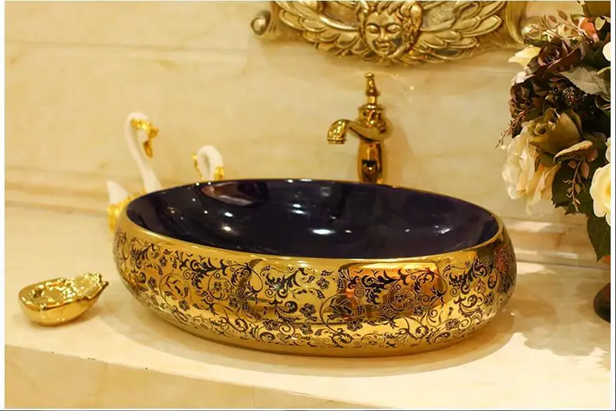 Oval shaped blue gold sparkling washbasin ceramic art bathroom washbasin YX450TB