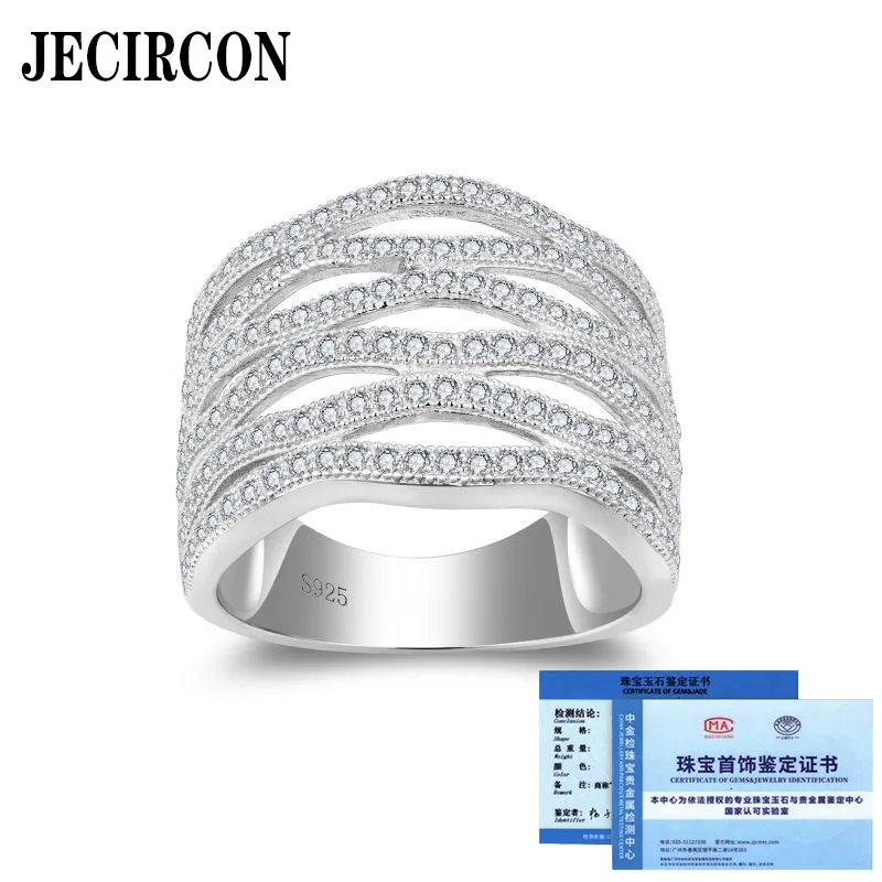 

JECIRCON 18K White Gold Ring for Women Wavy Hollow Retro Multi-layer Full Moissanite Row Ring S925 Sterling Silver Fine Jewelry