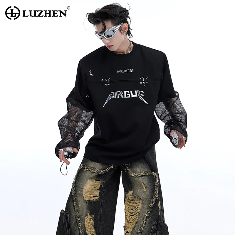 

LUZHEN Fashion New Original Gauze Splicing Design Long Sleeve T Shirts Men's 2024 Trendy Niche High Quality Casual Tops LZ3975