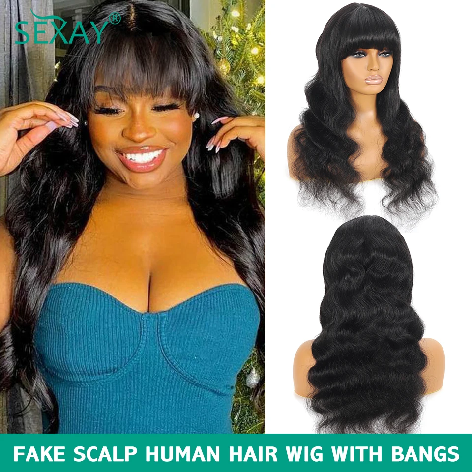 Sexay Natural Fake Scalp Human Hair Wigs With Bangs 30 Inch Long Peruvian Body Wave Fake Fringe Wig 250 Density Scalp Bang Wig