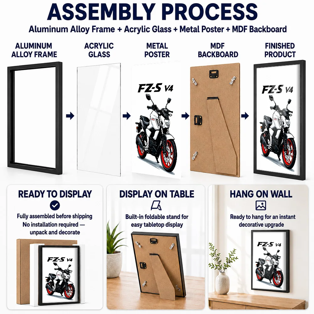 Japanese FZ-S V4 Motorcycle Framed Aluminum Metal Poster Customized Graphic Illustration Wall Art For Rider Lounge Or Garage