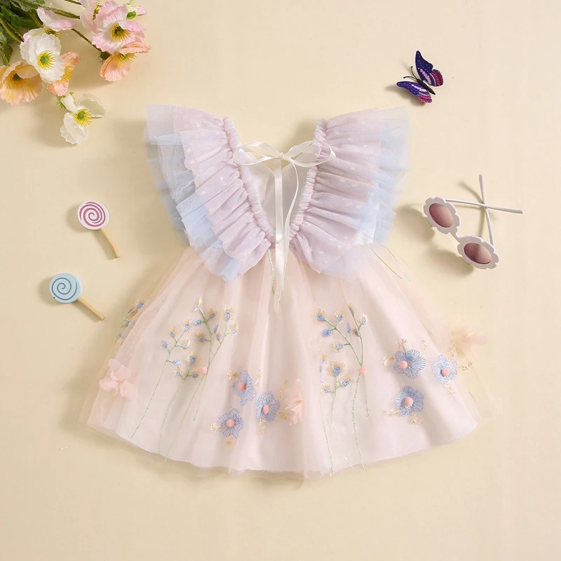 

Toddler Girls Dress Flower Butterfly Embroidery Fly Sleeve V-Neck Dress Summer Fashion Casual Princess Dress