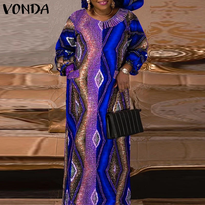 Plus Size 5XL VONDA 2026 Women Maxi Dress Bohemian Printing Long Sleeve Vestidos Vintage Sundress Casual Loose Round Neck Robe