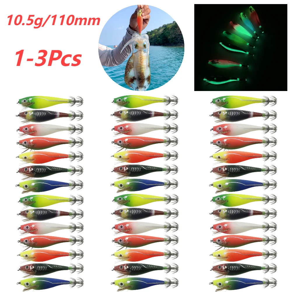 1-3 pçs 110mm 10.5g fluorescente isca de pesca embutido grânulo luminoso jigging isca brilho no escuro artificial lula gancho jigs enfrentar