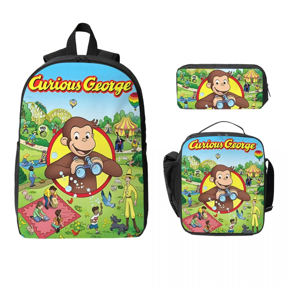 3Pcs Monkey Curious George Backpack Set for Children Pencil Boxes Bookbag Sets with Lunch Box For School Students Daypack