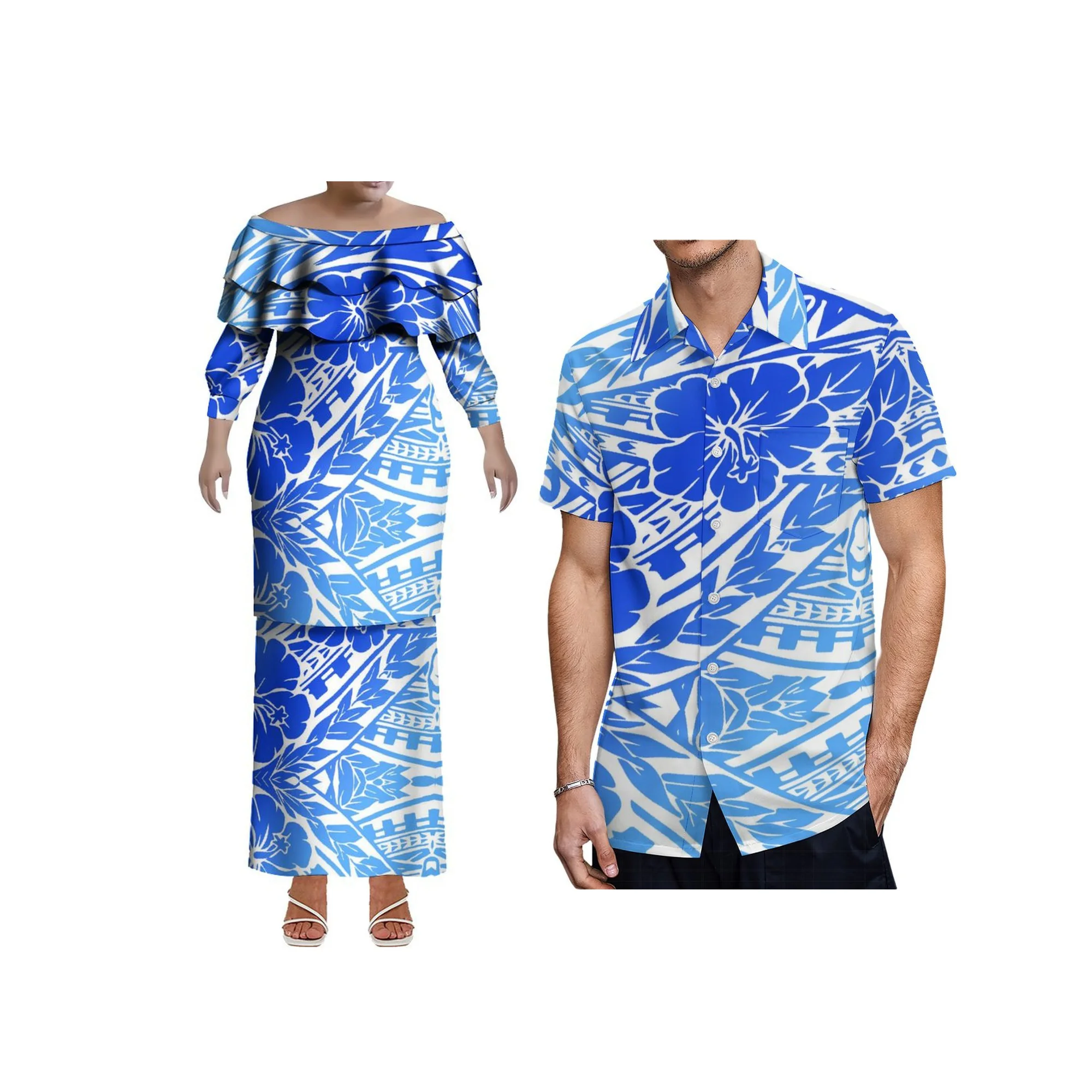 Vestido plissado de camada dupla personalizado eli tribal polinésia puletasi vestido plus size senhora saia de um ombro conjunto top e saias