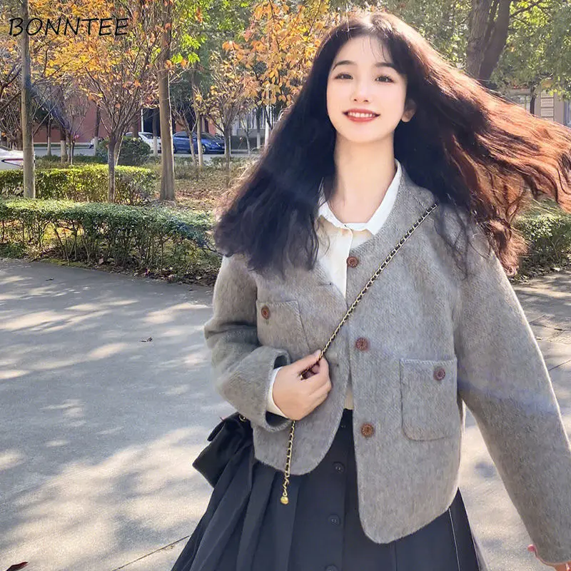 

Jackets for Women Sweet Woolen Coat Temper Preppy Style Fashion Girlish Tender Pockets Ulzzang O-neck Aesthetic Clothes Mujer