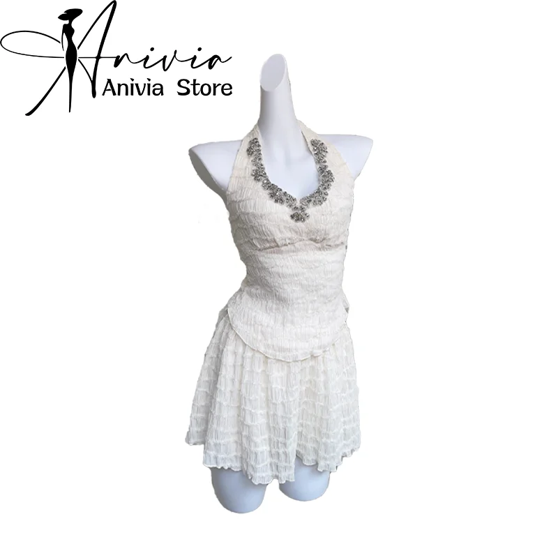 Women White Skirt Sets Vintage A-Line Mini Vestand Short Sleeve Shirt Y2k Aesthetic Elegant Two Piece Suit Clothes Summer 2024