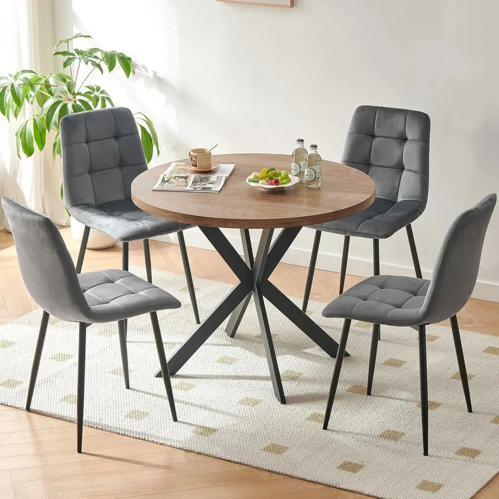 Round Kitchen Table and Chairs Set for 4, Round Dining Table MDF Faux Wood Tabletop, Grey Velvet Dining Chairs Upholstered