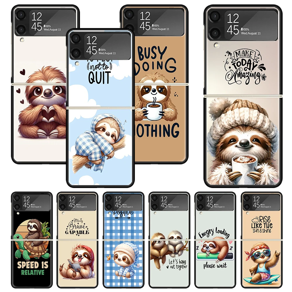 Animal Cute Cartoon Sloth Coffee Print Case For Samsung Galaxy Z Flip 3 4 5 6 5G Phone Shell ZFlip6 Flip5 Flip4 Flip3 Pattern Bl