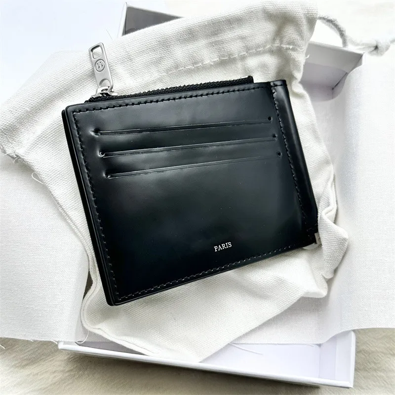 Classic Black Glossy First-layer Cowhide Card Bag, Card Clip, Dollar Clip Design, Genuine Leather Change Bag.