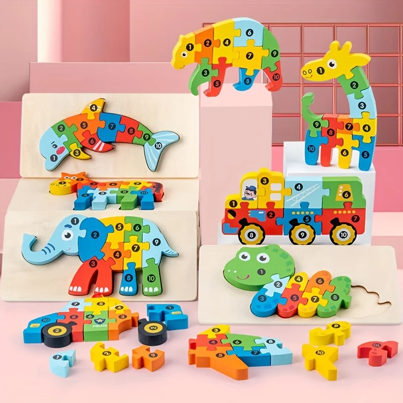 Drewniane puzzle 3D ze zwierzętami, edukacyjne, z kreskówkami, do wczesnej nauki, rozwijające poznawcze i intelektualne umiejętności, gra-puzzle dla dzieci w wieku 3+ lat, zabawki.