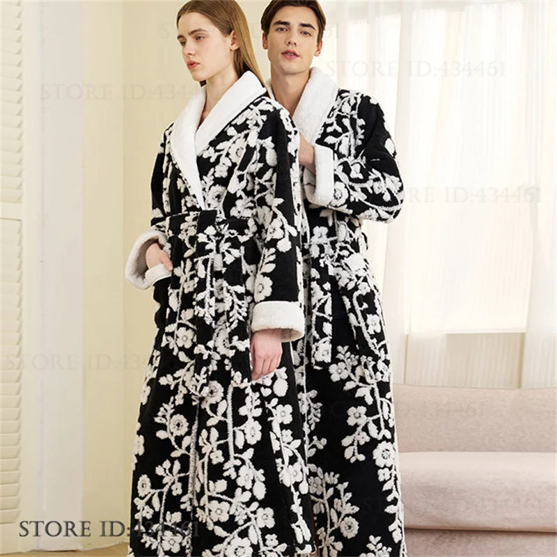 New Thicken Flannel Jacquard Long Robe Kimono Gown Women's Sleepwear Winter Warm Bathrobe Homewear Loose Coral Fleece Loungewear