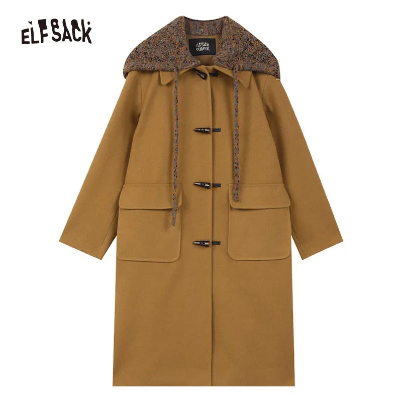 ELFSACK Plus Size Hoodied Coats Women 2023 Winter New Korean Fashion Mid-length Outwears