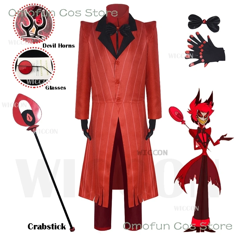 Alastor Anime Hazbin Cosplay Hotel Kostuum Walkstick Bril Uniform Cosplay Duivel Hoorns Halloween Party Heren Cosplay Rood Pak