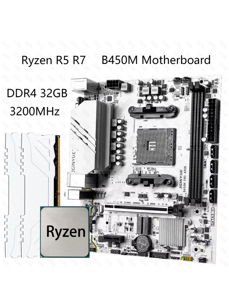 Zestaw płyt głównych JGINYUE B450M z procesorami Ryzen R5 R7, obsługą pamięci 32GB DDR4 3200 Dual Channel, obsługą dysków M.2 NVME, 4x ARGB, zestaw do gier. — 2