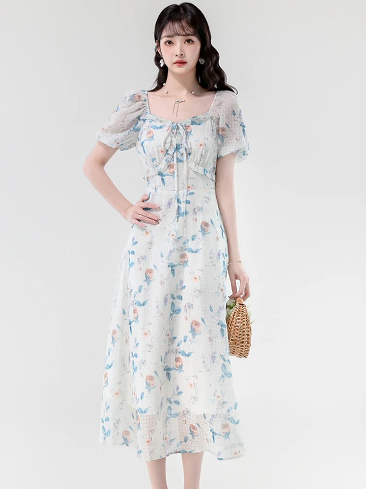 Women Floral Chiffon Chic Ruffled Bow Square Collar Long Dress 2025 Boho Elegant Bodycon Holiday Dress Summer Casual Party Dress