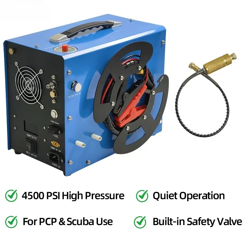 300Bar Portable Built-in Power Converter Oil-Free Auto-Stop Wire Spool Scuba Diving Piston Pump Air-Cooled PCP Air
