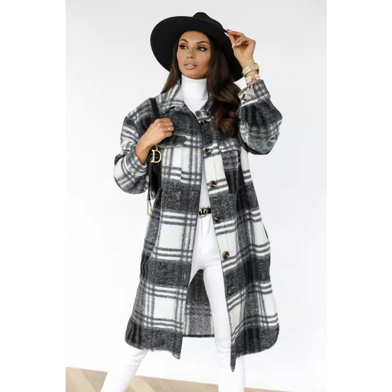 Spring and Autumn Shirt Wool Coats Women\'s Plaid Polished Medium and Long Woolen Coat Jackets Long Sleeve Pockets Blends Outwear