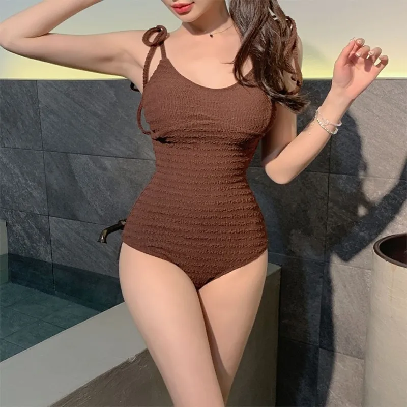 2024 New Trend Solid Coffee Bikini Women One Piece Bandage High Waist Swimwear Sexy Backless Beach Female Push Up Bathing Suit