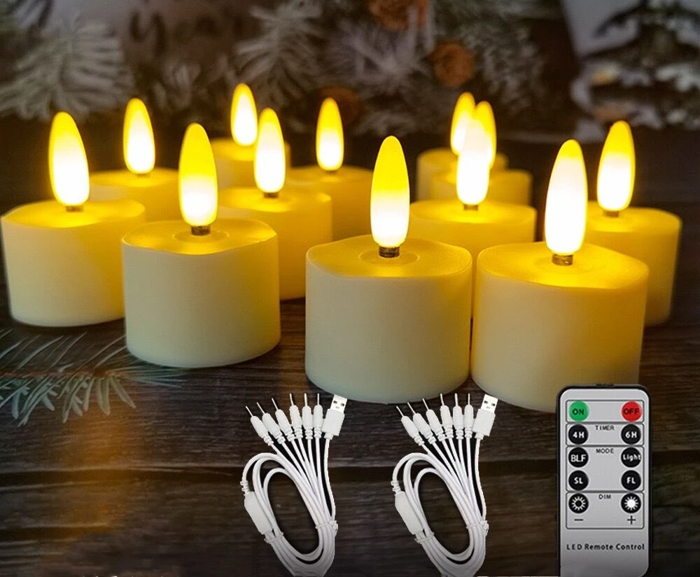 6PCS/12PCS Remote Controlled w/Timer Led Tea Light USB Rechargeable Tealight Warm White 3D Wick flickering Candle Party Home Dec