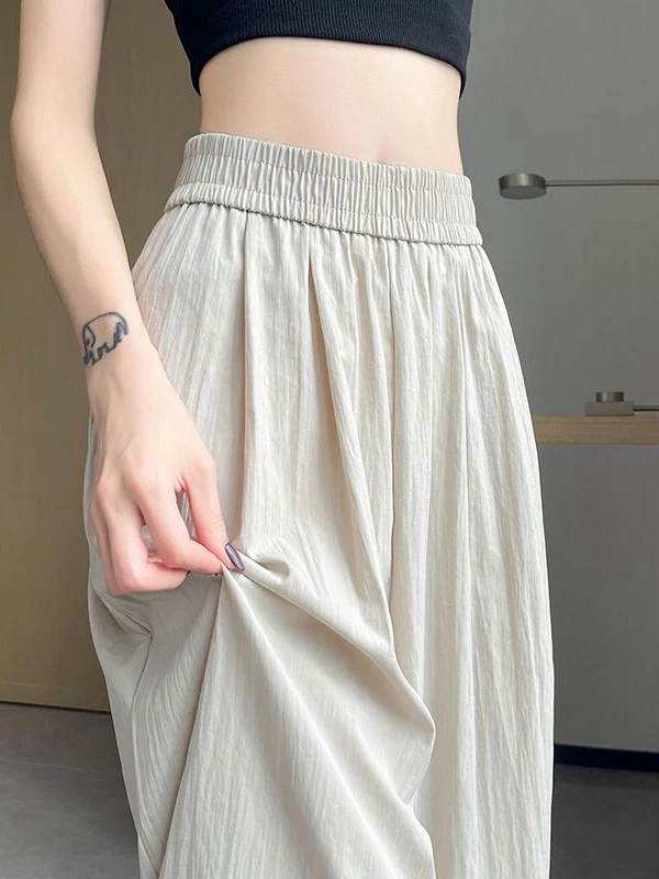 American Style Quick Dry Sunscreen Face Mask Casual Pants Women Summer Elastic Waist Ice Silk Cuffed Pants Small Size Turnip ...