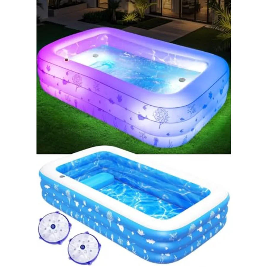 Backyard outdoor inflatable pool for adults with seat and LED lights, durable thickened PVC, white, 100 x 63 x 22 large size