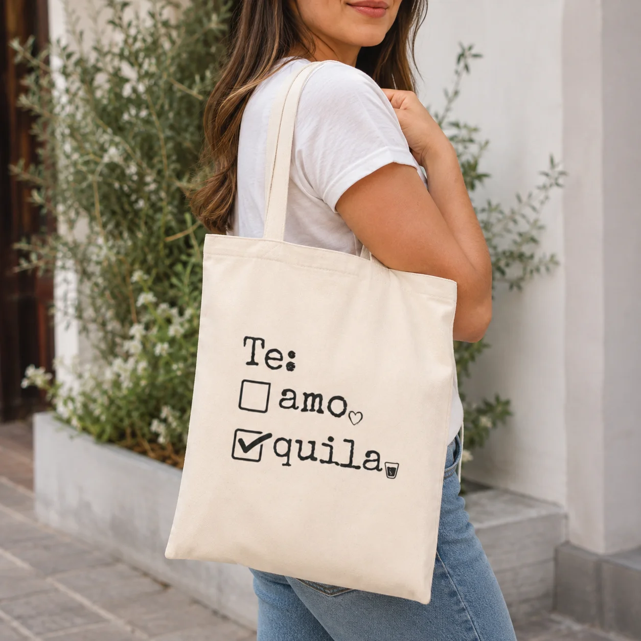 Te Amo Tequila Checkbox Canvas Tote Bag Funny Alcohol Drink Slogan Shoulder Bag Humorous Wine‑Lover Reusable Grocery Handbag