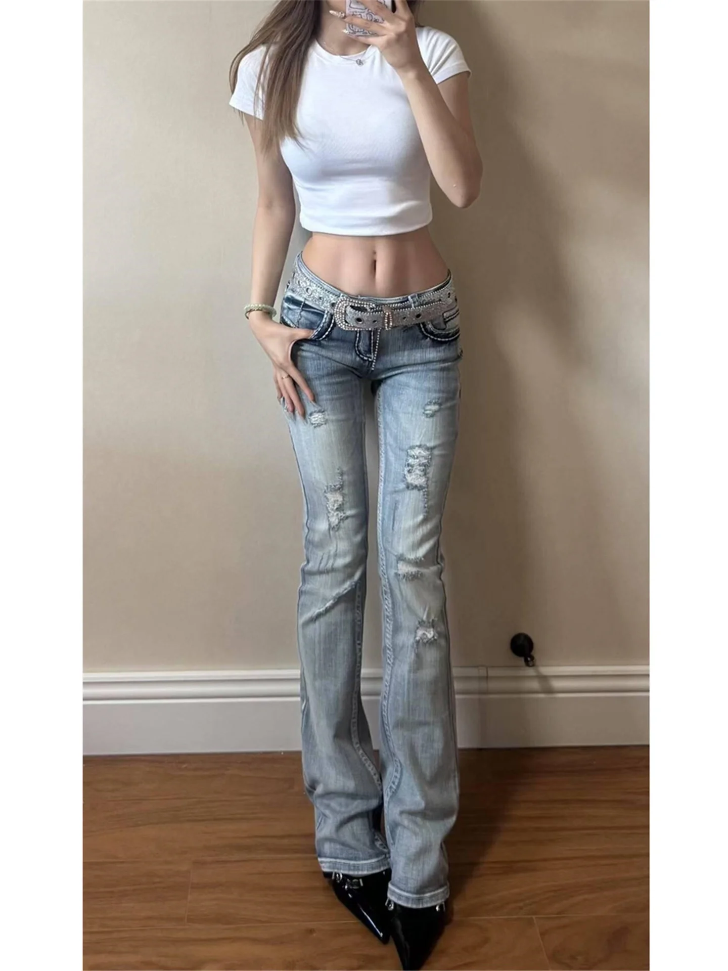 

Millennial Light Wash Bell Bottom Denim Jeans Women's Slim Fit Tear Casual Cotton Low Waist Zipper Spring Fashion
