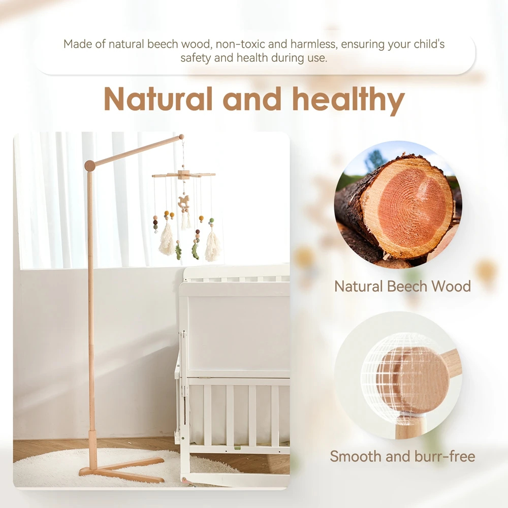 Support de meuble de berceau en bois pour lit de bébé, support de cloche autoportant avec hochets, décor de pépinière sûr et robuste pour nouveau-né de 0 à 12 mois