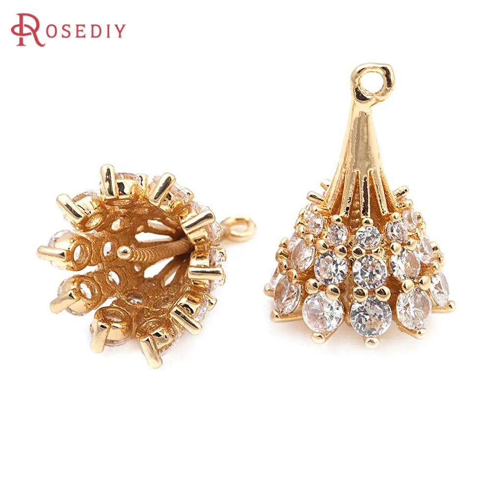 4PCS 18K Gold Color Brass and Zircon Can Fit Beads Flower Umbrella Connect Charms Pendants Diy Jewelry Making Necklace Earrings