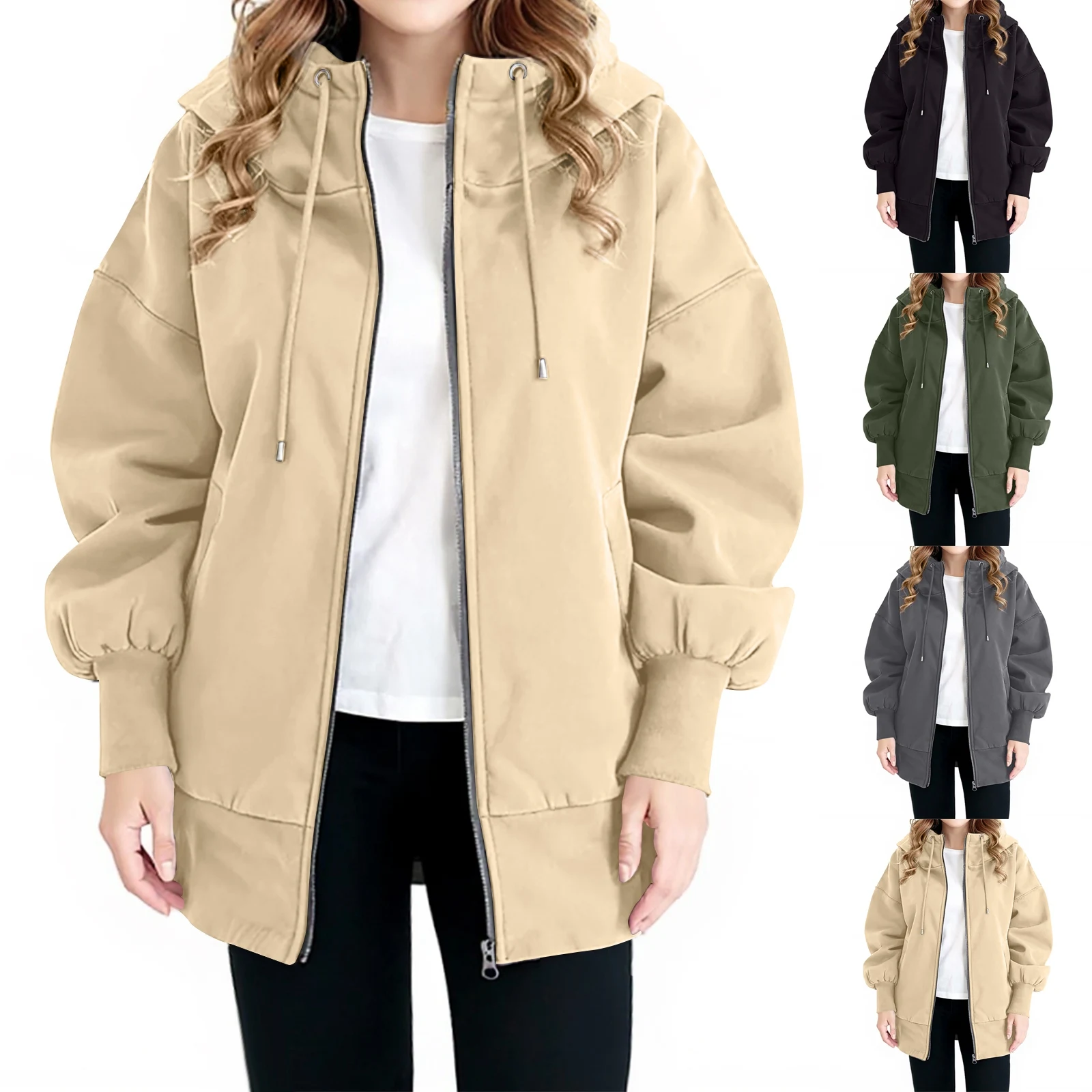 Dámská podzimní a zimní bunda s kapucí a zipem, plus velikost, ležérní, s dlouhým rukávem, jednobarevná, pouliční móda, volný kabát - náhled 6