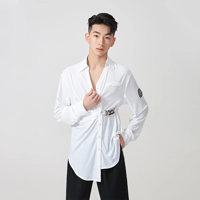 2024 Latin Dance Tops For Men National Standard Dance Clothes Black White Cardigan Stand Collar Shirts Adult Latin Wear DQS9080