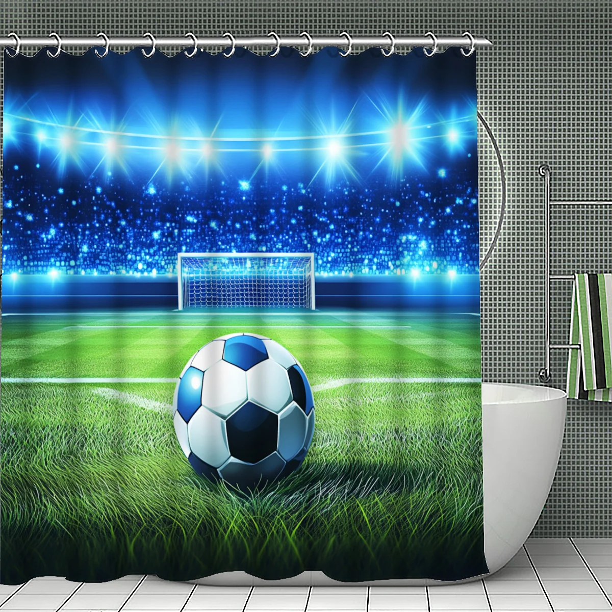 Soccer Field Goal Net Sports Shower Curtain Blue Green Football Game Decoration Bathroom Shower Curtain