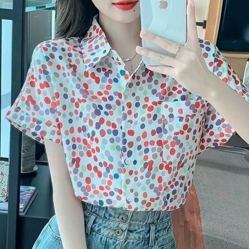 Minimalist Commute Retro Polo-Neck Short Sleeve Floral Blouses Summer New Women\'s Patchwork Pocket Loose Sweet Button Shirt Tops