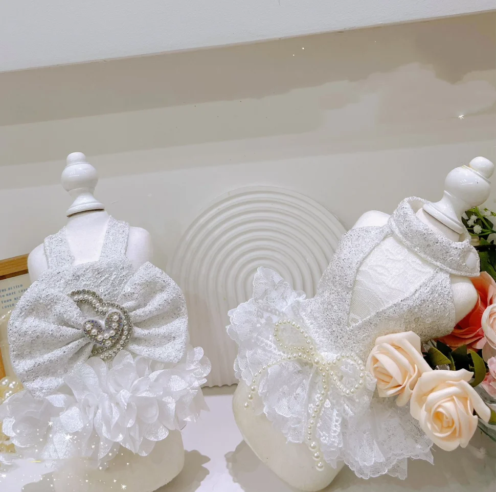 

White Sequined Pearl Lace Petticoat Puppy Dog Wedding Dress Formal Event Girl'S Clothing Dress